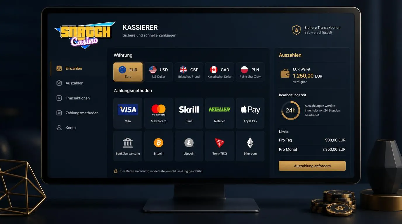 Casino-Kassenbereich mit Euro-Wallet, Karten, E-Wallets und Kryptowährungsoptionen für deutsche Nutzer