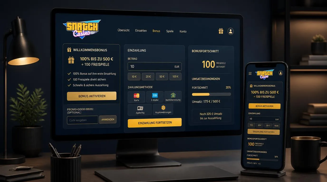 Casino-Bonusbereich mit Einzahlung, Promo-Code-Feld und sichtbarem Umsatzfortschritt