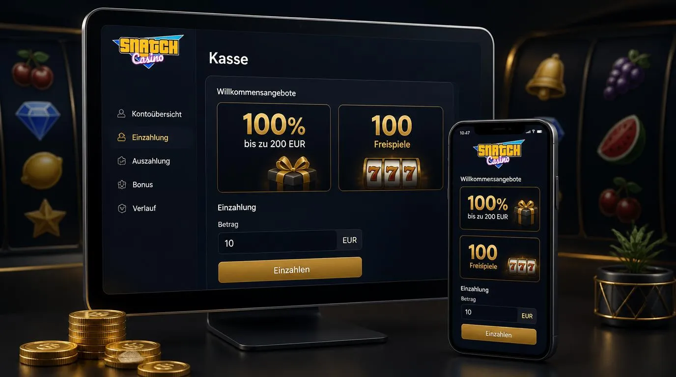 Casino-Bonusansicht mit 200 EUR Einzahlungsbonus, 100 Freispielen und Mindesteinzahlung von 10 EUR