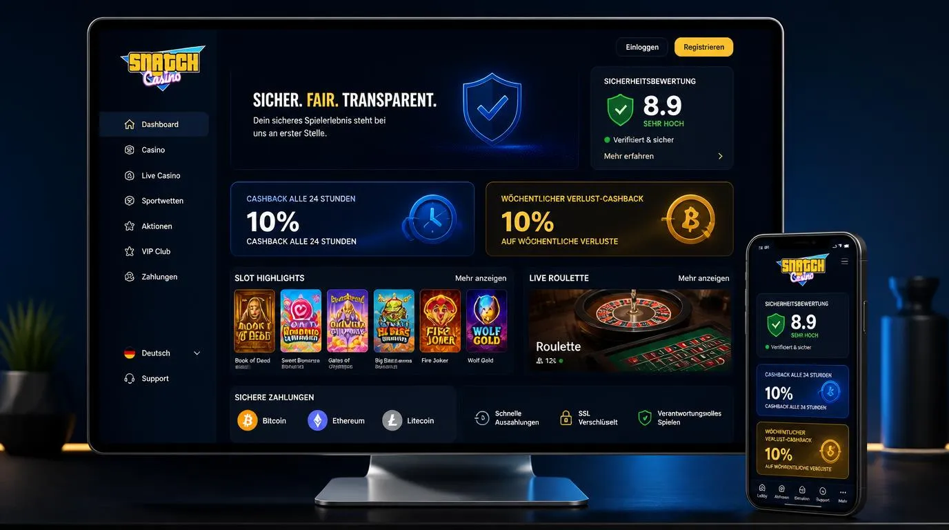 Casino-Übersicht mit Sicherheitswert 8,9, Cashback-Anzeige, Spielautomaten und Krypto-Zahlungsoptionen