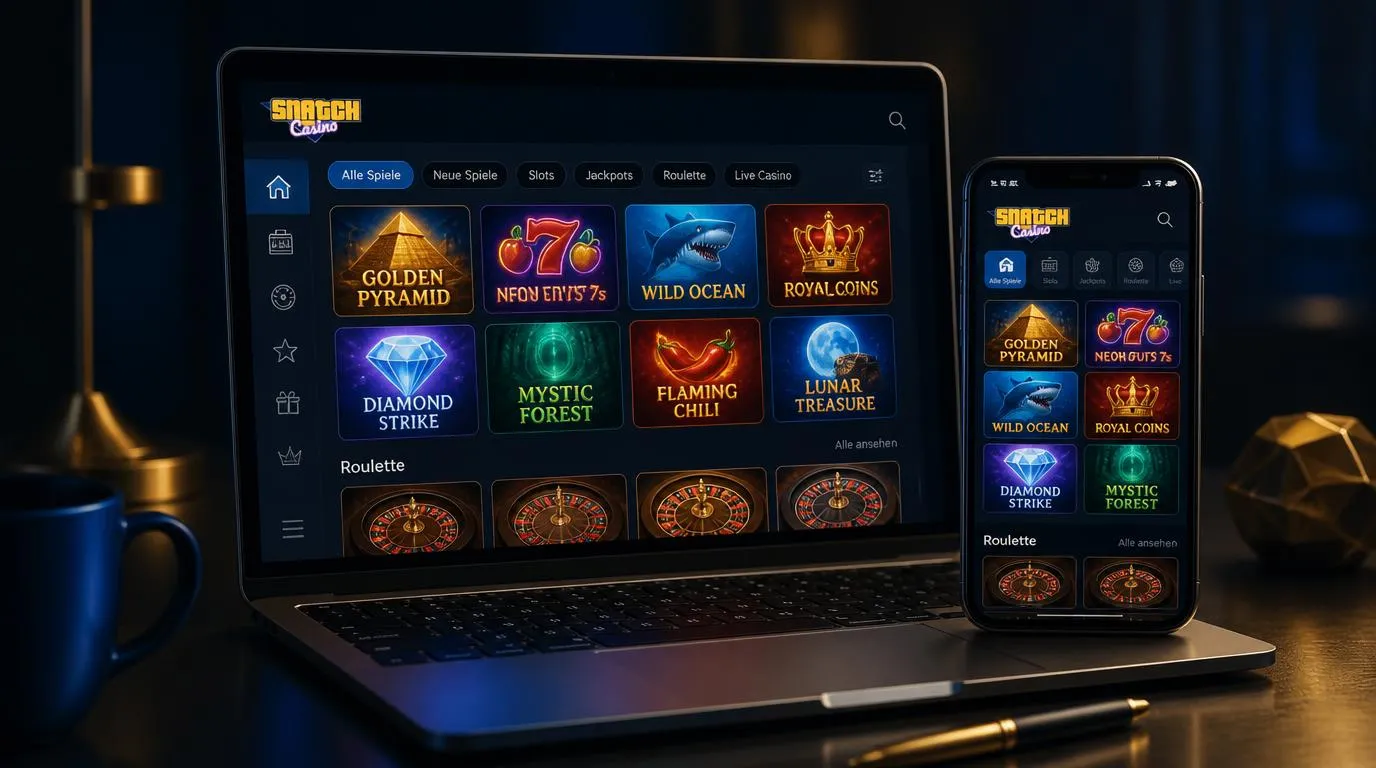 Casino-Spielbibliothek auf Laptop und Smartphone mit Slots und Tischspielen in klarer Benutzeroberfläche
