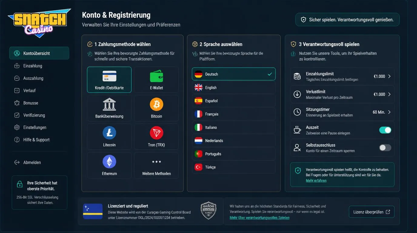 Registrierungsbereich eines Online-Casinos mit Zahlungsarten, Sprachwahl und Kontoschutz-Einstellungen