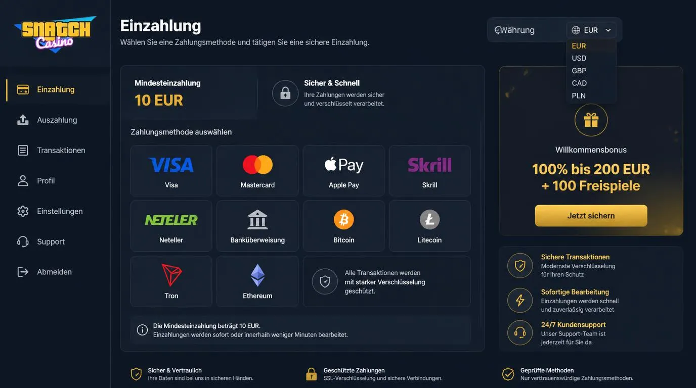 Kassenbereich mit Einzahlung ab 10 EUR, Karten, E-Wallets und Kryptowährungen