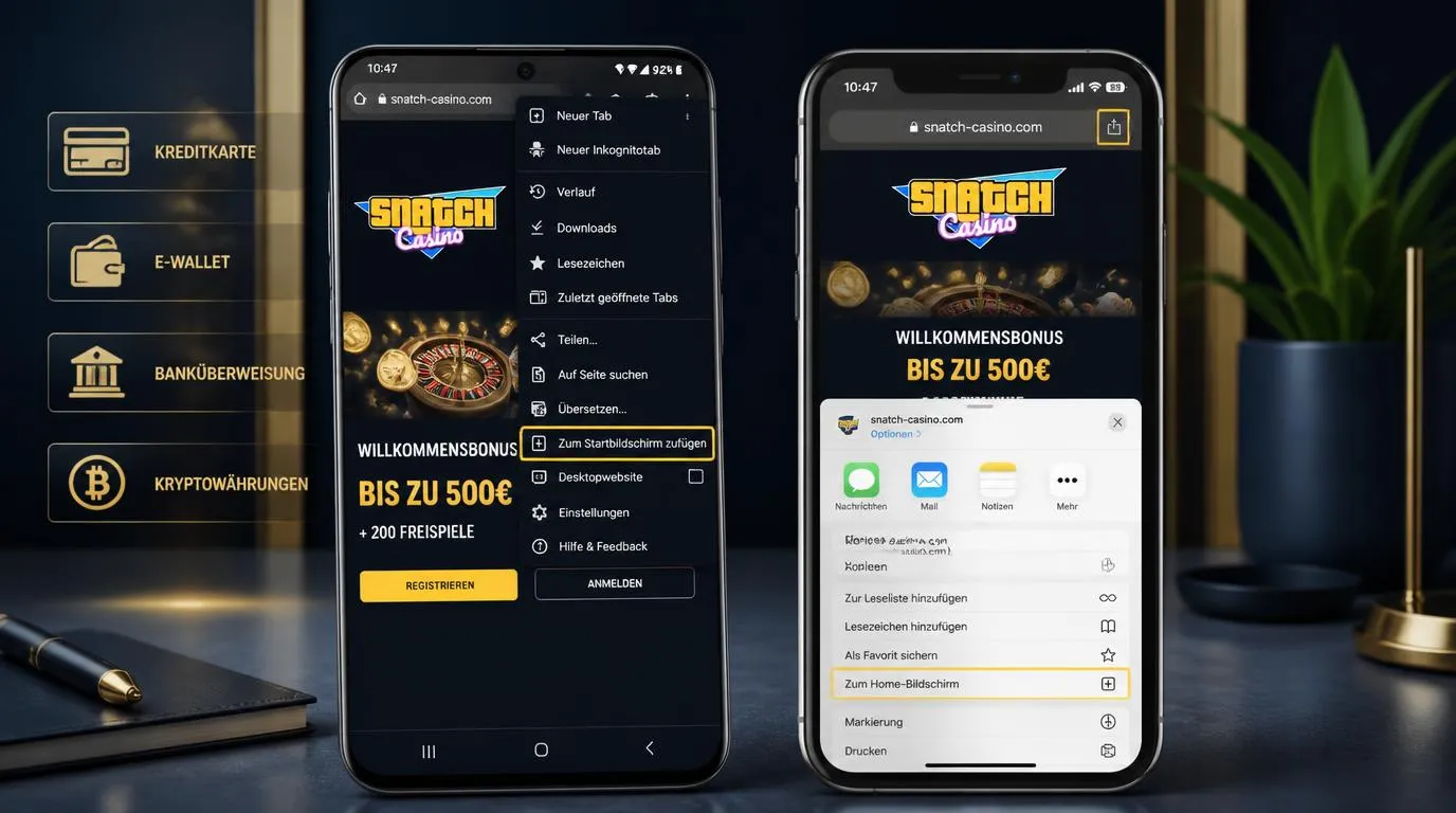 Android- und iPhone-Ansicht mit Browsermenüs zum Speichern des Casino-Zugangs als Web-App