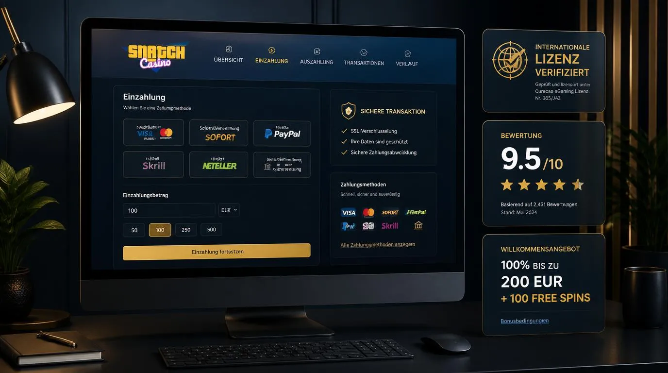 Casino-Kasse mit Sicherheitsanzeige, Bewertung von 9,5 von 10 und Willkommensbonus