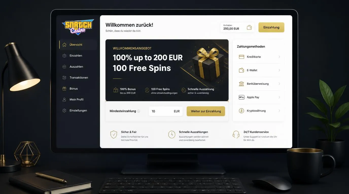Bonusübersicht mit 200 EUR, 100 Freispielen und einer Mindesteinzahlung von 10 EUR